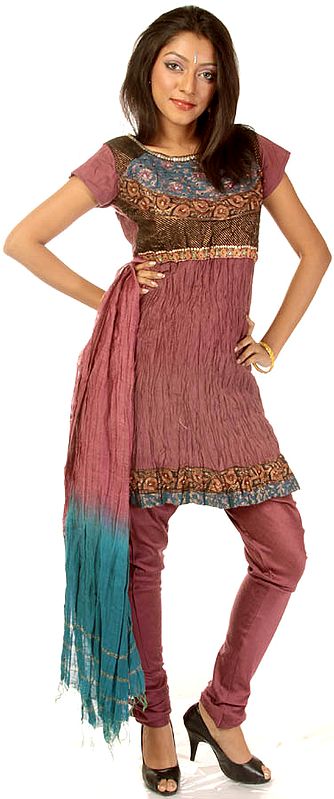 Chestnut Choodidaar Crushed Suit with Patchwork and Beads