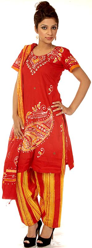 Red Batik Salwar Kameez Suit with Printed Paisley
