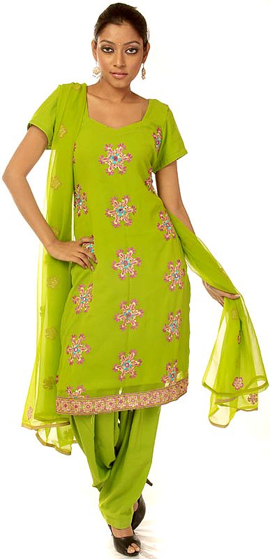 Pear Green Salwar Kameez Suit with Embroidered Flowers and Mirrors
