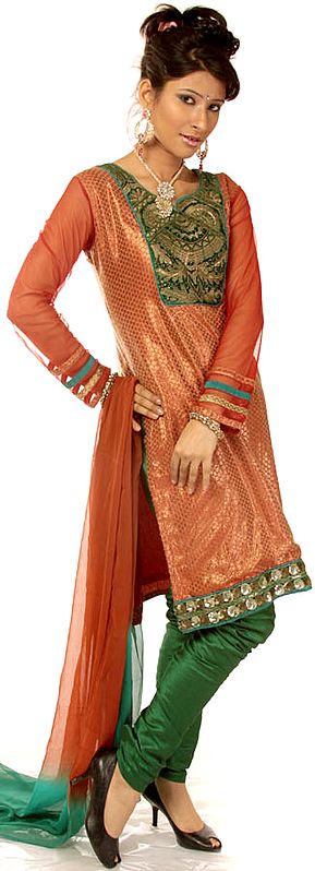 Rust and Green Brocaded Choodidaar Suit with Sequins