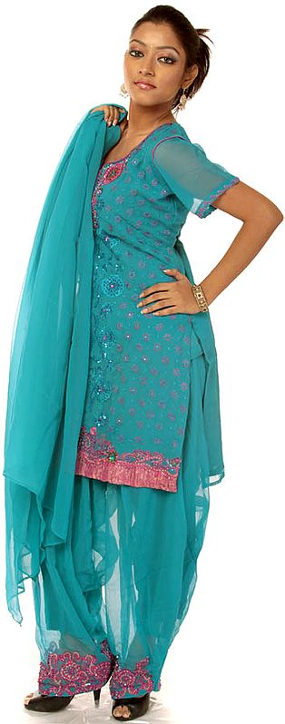 Turquoise Salwar Kameez Suit with Floral Embroidery and Beads