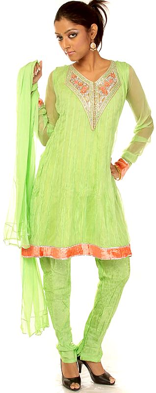 Light Green Choodidaar Flair Suit with Floral Embroidery