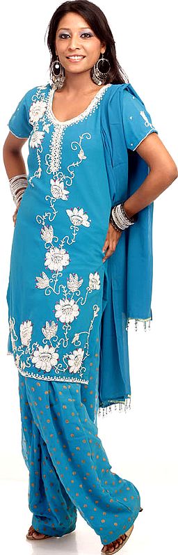 Turquoise Patiala Salwar Kameez with Beads and Sequins