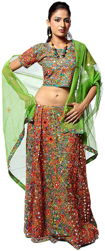Green Printed Chaniya Choli from Rajasthan with Mirrors and Embroidery