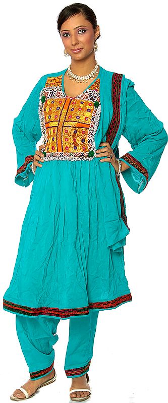 Turquoise-Blue Embroidered Tunic Suit from Afghanistan with Mirrors