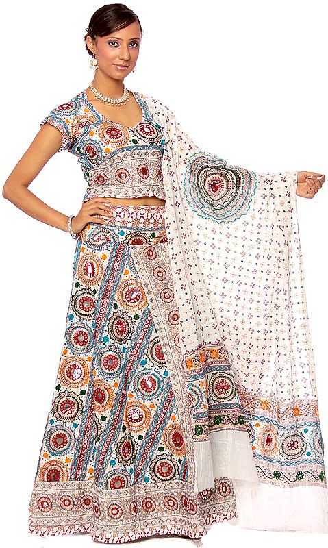 White Ghagra Choli from Kutch with Embroidered Sequins and Embroidery