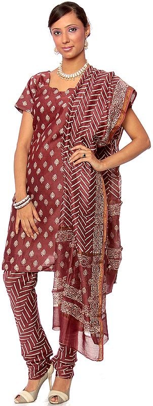 Brown Block-Printed Chanderi Choodidaar Suit