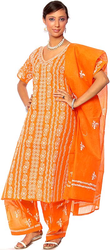 Orange Salwar Kameez with All-Over Lukhnavi Chikan Embroidery