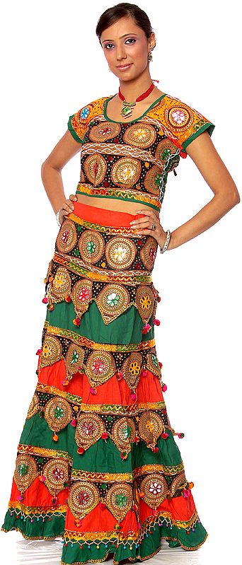 Orange and Green Ghagra Choli from Kutch with Large Sequins