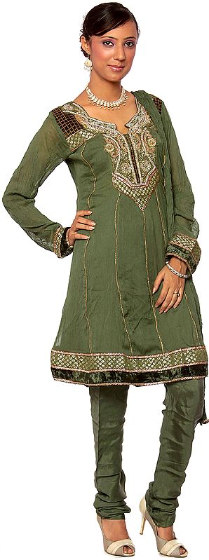 Camouflage-Green Choodidaar Flair Suit with Embroidered Beads