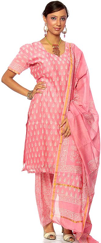Bubblegum-Pink Block-Printed Chanderi Salwar Kameez Suit