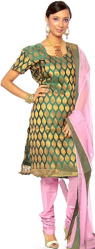 Green and Pink Brocaded Choodidaar Suit from Banaras with Large Woven Bootis
