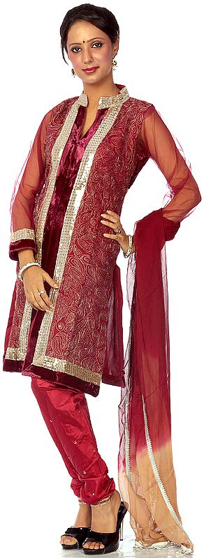 Burgundy Choodidaar Velvet Suit with Thread Embroidery and Sequins
