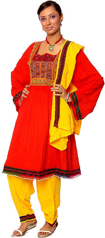 Red and Yellow Embroidered Tunic Suit from Afghanistan with Mirrors