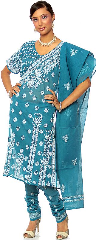 Celestial-Blue Choodidaar with All-Over Chikan Embrodiery
