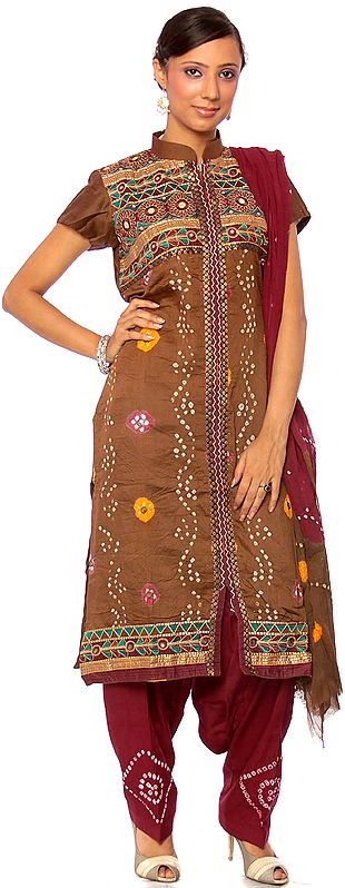 Sepia Bandhani Salwar Kameez from Gujarat with Embroidery and Mirrors