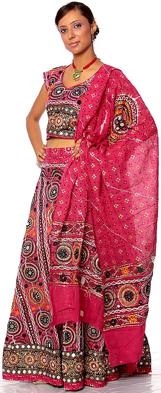 Magenta Ghagra Choli from Kutch with Embroidered Sequins and Embroidery