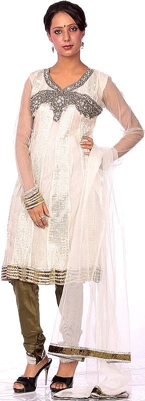 Ivory Chudidar Flair Suit with Antique Embroidery and Sequins