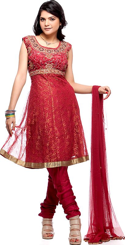 Burgundy Anarkali Velvet Suit with Embroidered Beads and Sequins