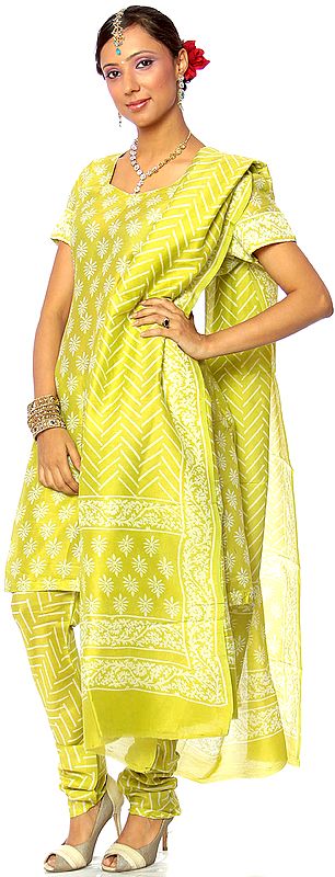 Lime-Green Block-Printed Chanderi Choodidaar Suit