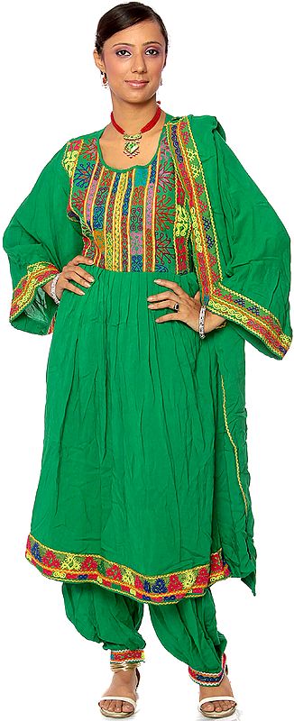 Islamic-Green Embroidered Tunic Suit from Afghanistan with Mirrors
