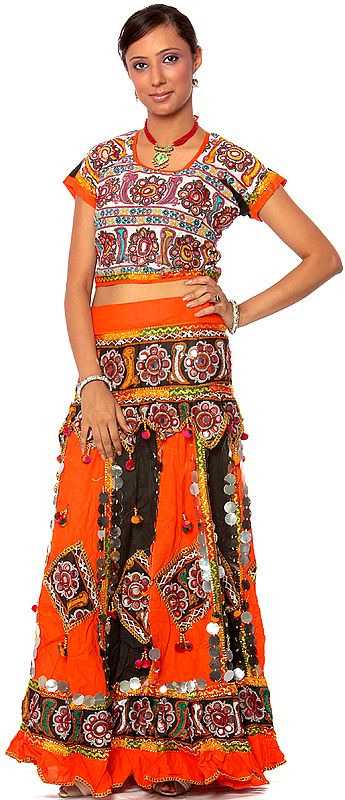 Orange and Black Two-Piece Ghagra Choli from Kutch with Large Sequins