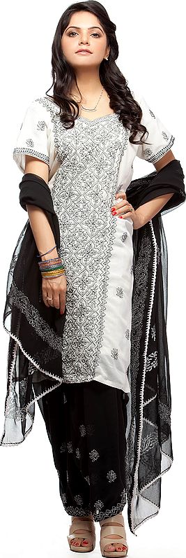 Ivory and Black Salwar Kameez with All-Over Chikan Embroidery