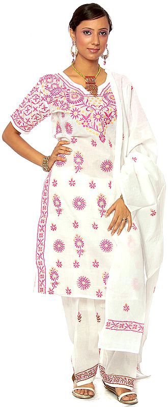 White Salwar Kameez with All-Over Chikan Embroidery