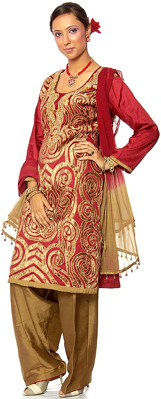 Maroon and Khaki Choodidaar Suit with Appliqué Work and Embroidered Beads