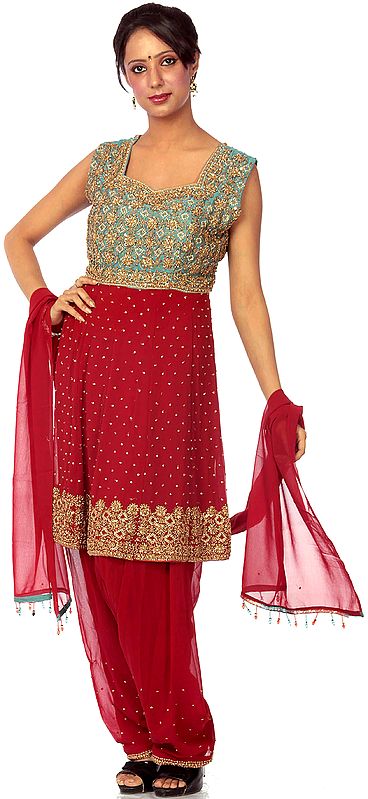Burgundy Bridal Anarkali Suit with Antique Beadwork on Front