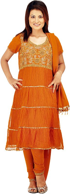 Bombay-Brown Flaired Chudidar Suit with Antique Beadwork