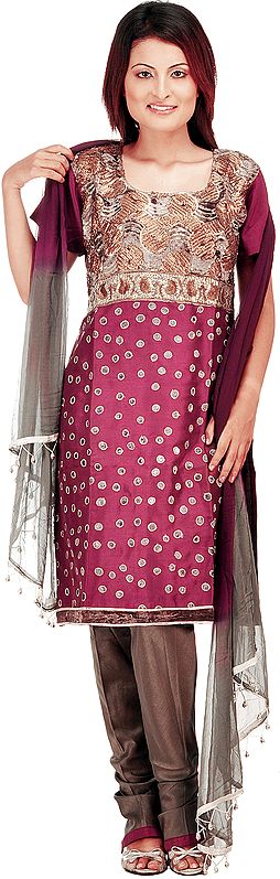 Purple and Gray Anarkali Tusser Suit with Embroidered Sequins