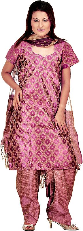 Purple Kora Silk Salwar Suit from Banaras with All-Over Weave