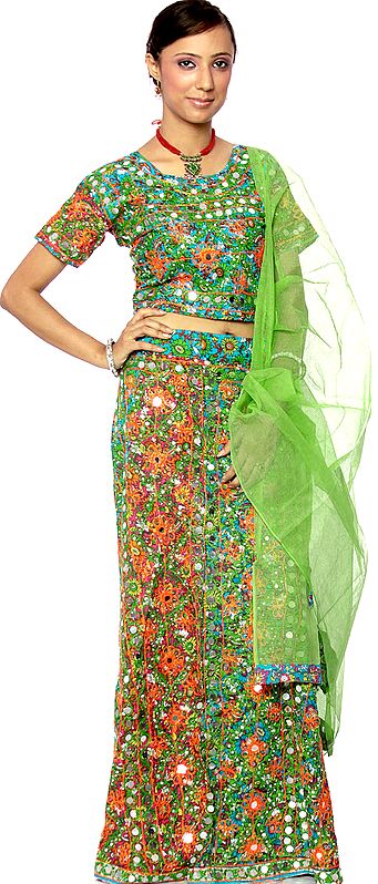 Green and Orange Printed Chaniya Choli from Rajasthan with Mirrors and Embroidery