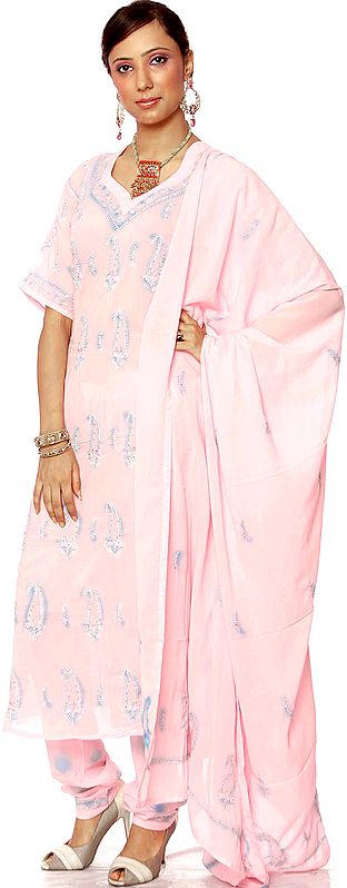 Pink Salwar Kameez Suit with Lukhnavi Chikan Embroidered Paisleys and Sequins