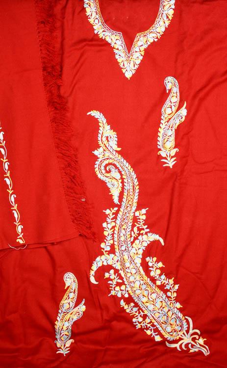 Red Salwar Kameez Suit from Kashmir with Aari Embroidered Paisley