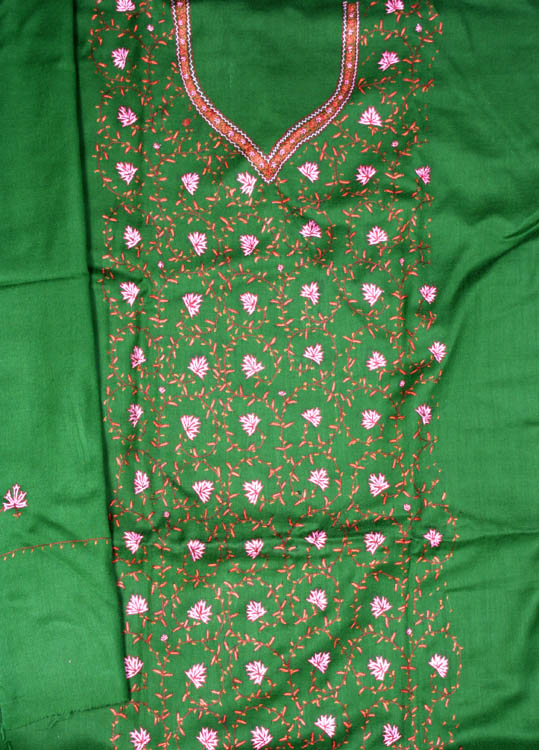 Islamic-Green Kashmiri Three-Piece Suit with Needle Embroidery by Hand