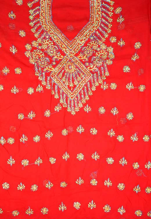 Red Chikan Suit with Sequins and Tri-Color Embroidery