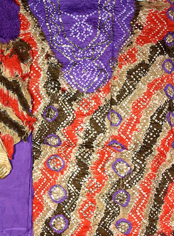 Purple and Orange Bandhani Tie and Dye Suit with Beadwork and Sequins