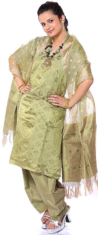 Olive-Green Banarasi Kora Silk Suit with All-Over Thread Weave