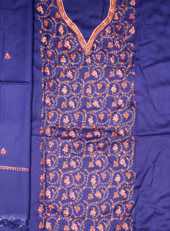 Navy-Blue Kashmiri Three-Piece Suit with Needle Embroidery by Hand
