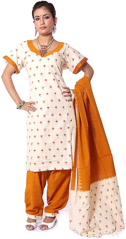 Ivory and Mustard Salwar Kameez Suit with Ikat Weave