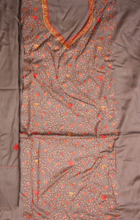 Brown Kashmiri Three-Piece Suit with Needle Embroidery by Hand