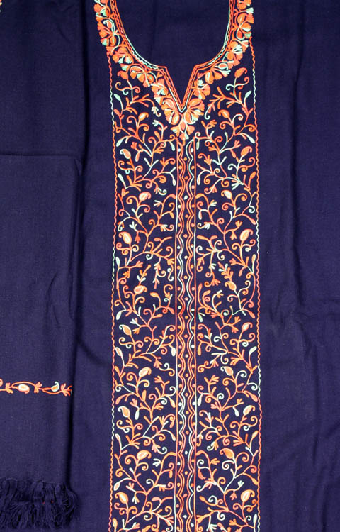 Deep-Blue Salwar Kameez Suit from Kashmir with Aari Embroidered Paisleys