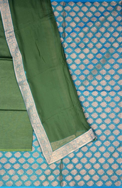 Green and Turquoise Blue Banarasi Suit Fabric with All-Over Large Bootis
