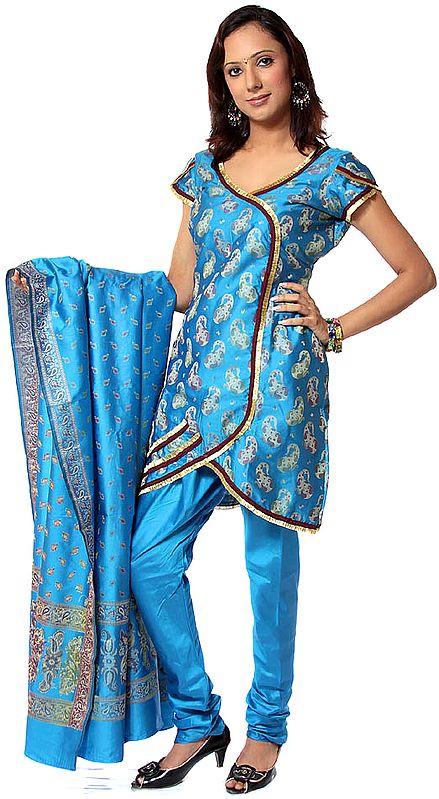 Azure Banarasi Suit Fabric with All-Over Woven Paisleys