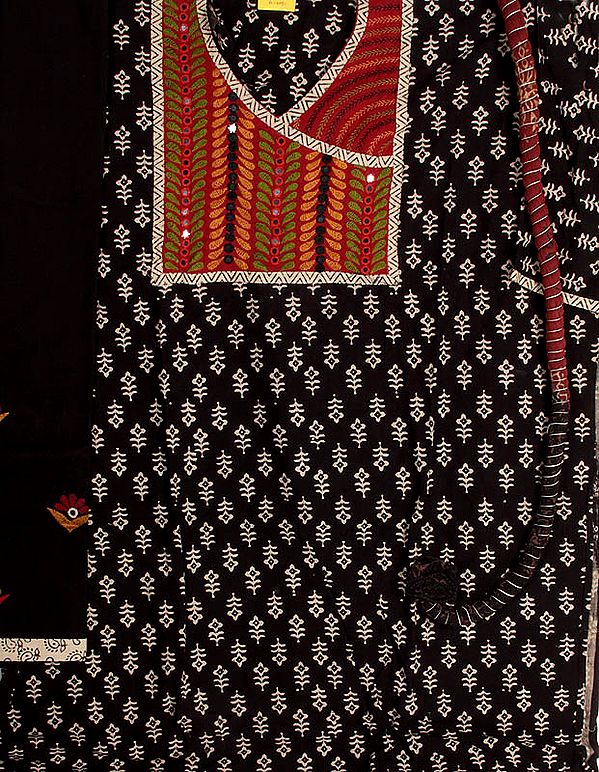 Black Printed Suit from Kutch with Multi-Color Embroidery and Mirrors