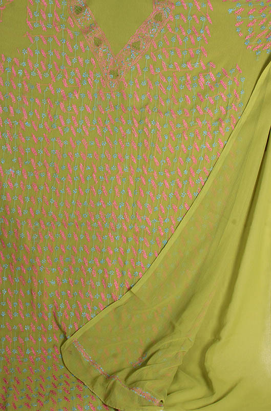 Moss-Green Suit with All-Over Lukhnavi Chikan Embroidery
