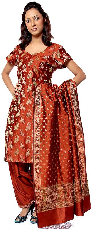 Rust-Brown Banarasi Choodidaar Salwar Kameez Suit with All-Over Woven Paisleys