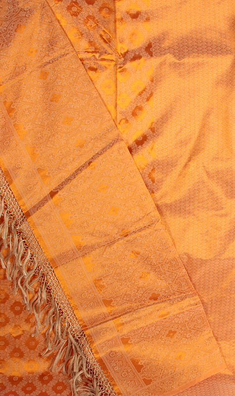 Flame-Orange Banarasi Kora Silk Suit with All-Over Thread Weave